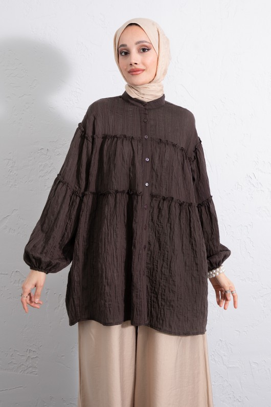 Katlı Büzgülü Gömlek Y0098 - KAHVERENGİ