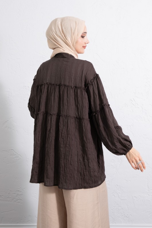 Katlı Büzgülü Gömlek Y0098 - KAHVERENGİ