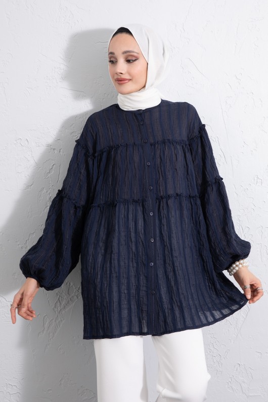 Katlı Büzgülü Gömlek Y0098 - LACİVERT Katlı Büzgülü Gömlek Y0098 - LACİVERT