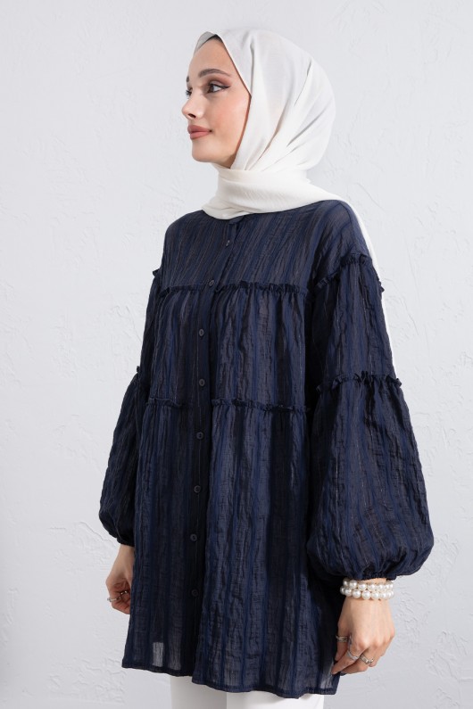 Katlı Büzgülü Gömlek Y0098 - LACİVERT Katlı Büzgülü Gömlek Y0098 - LACİVERT