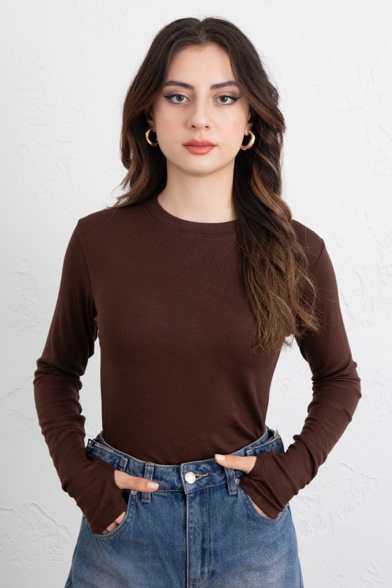 Parmak Geçirmeli Bluz Y2044 - KAHVERENGİ