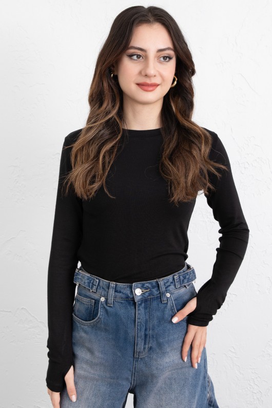 Parmak Geçirmeli Bluz Y2044 - SİYAH