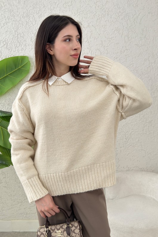 T Dikiş Triko Kazak 0093 - EKRU