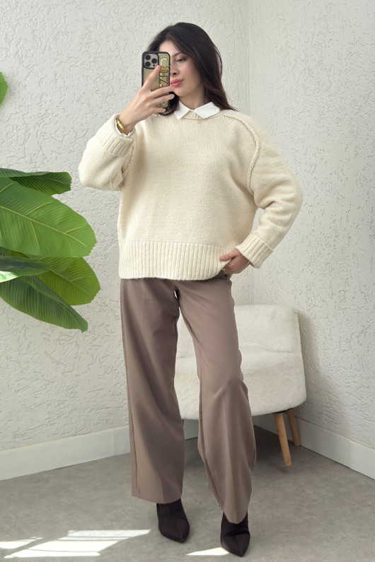 T Dikiş Triko Kazak 0093 - EKRU