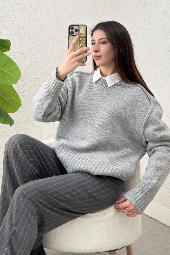 T Dikiş Triko Kazak 0093 - GRİ