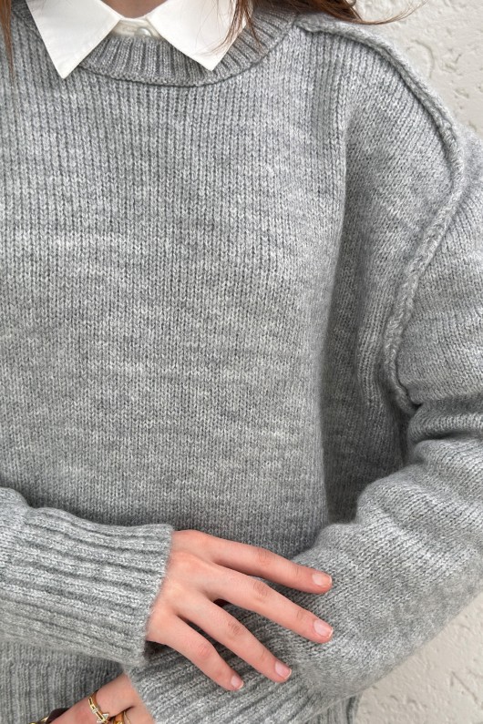 T Dikiş Triko Kazak 0093 - GRİ