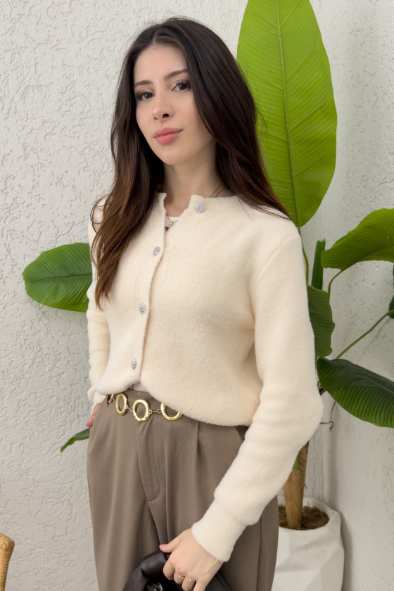 Peluş Triko Hırka 00119 - EKRU