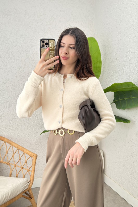 Peluş Triko Hırka 00119 - EKRU