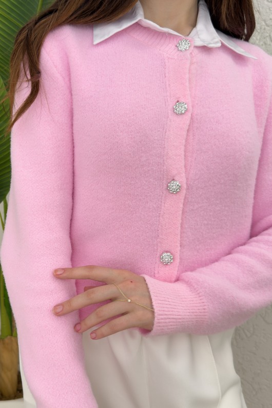 Peluş Triko Hırka 00119 - PEMBE