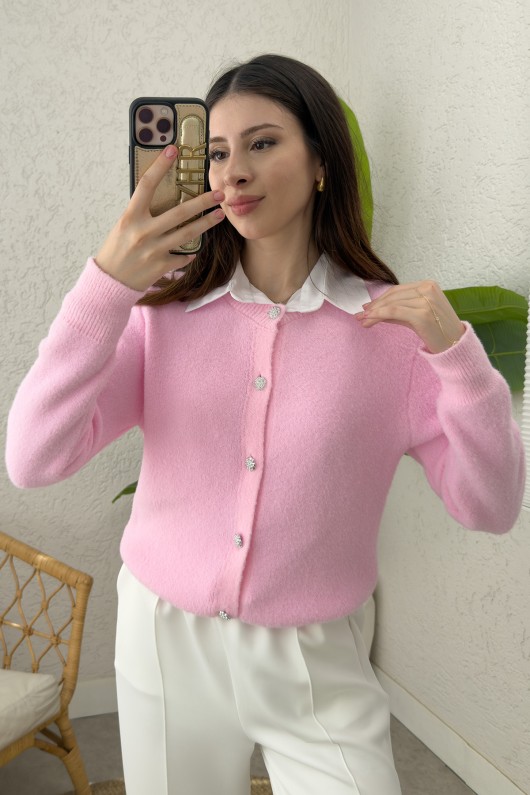 Peluş Triko Hırka 00119 - PEMBE