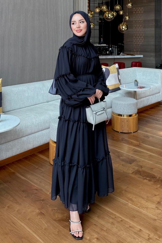 Şifon Fırfırlı Elbise Y0063 - LACİVERT Şifon Fırfırlı Elbise Y0063 - LACİVERT