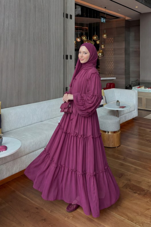 Şifon Fırfırlı Elbise Y0063 - MÜRDÜM Şifon Fırfırlı Elbise Y0063 - MÜRDÜM