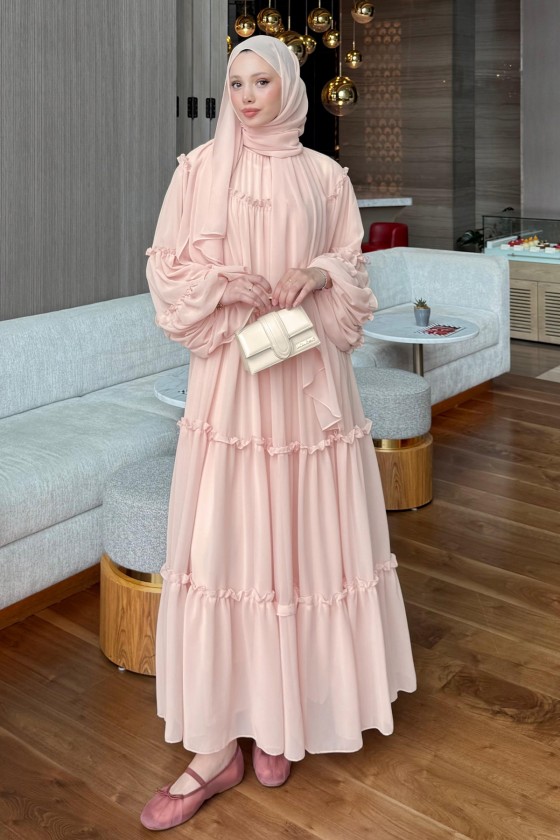 Şifon Fırfırlı Elbise Y0063 - PUDRA