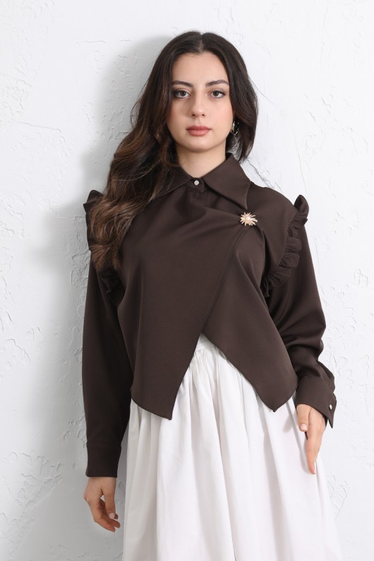 Çapraz Kesim Volanlı Bluz Y0070 - KAHVERENGİ