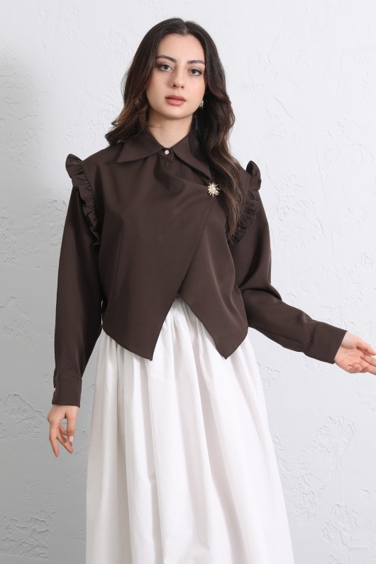 Çapraz Kesim Volanlı Bluz Y0070 - KAHVERENGİ