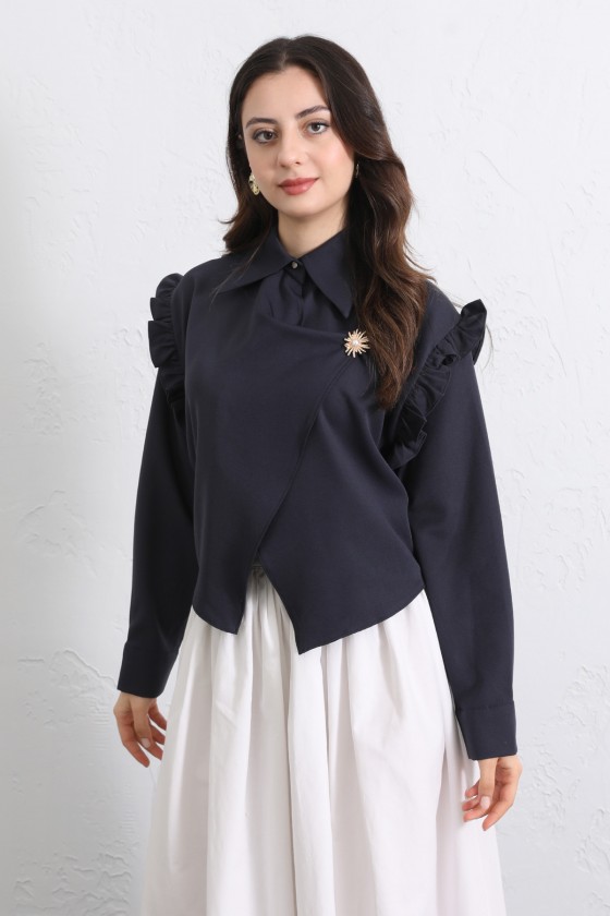 Çapraz Kesim Volanlı Bluz Y0070 - LACİVERT