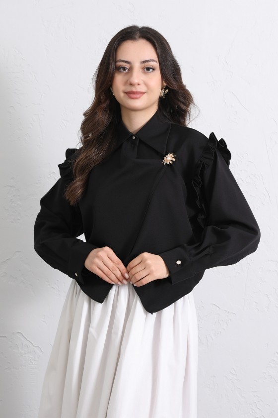 Çapraz Kesim Volanlı Bluz Y0070 - SİYAH