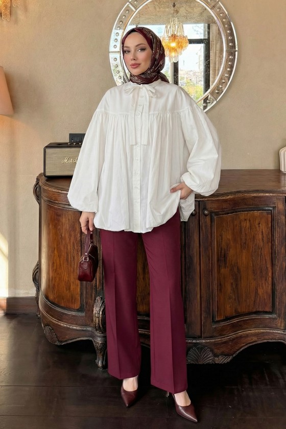 Yaka Kuşaklı Tunik Y0088 - BEYAZ Yaka Kuşaklı Tunik Y0088 - BEYAZ