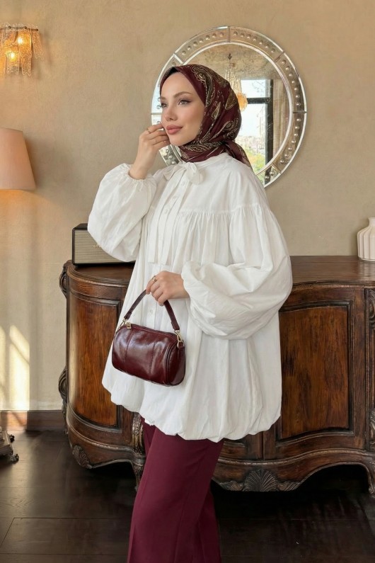 Yaka Kuşaklı Tunik Y0088 - BEYAZ