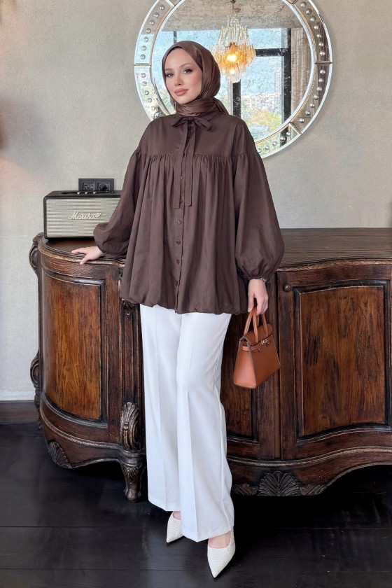 Yaka Kuşaklı Tunik Y0088 - KAHVERENGİ Yaka Kuşaklı Tunik Y0088 - KAHVERENGİ