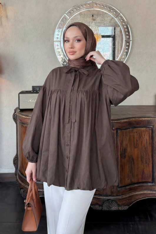 Yaka Kuşaklı Tunik Y0088 - KAHVERENGİ