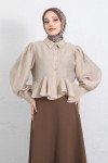 Volan Detaylı Balon Kol Gömlek Y0095 - BEJ
