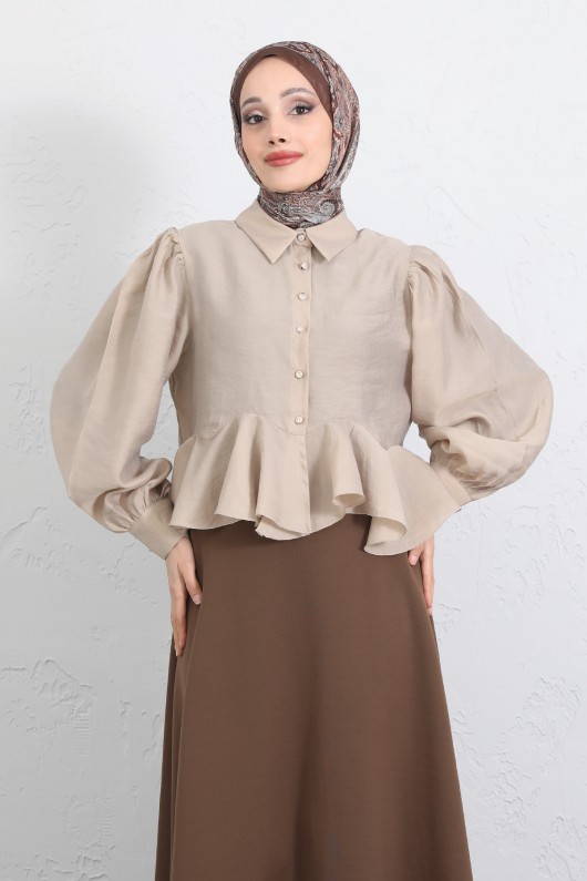 Volan Detaylı Balon Kol Gömlek Y0095 - BEJ