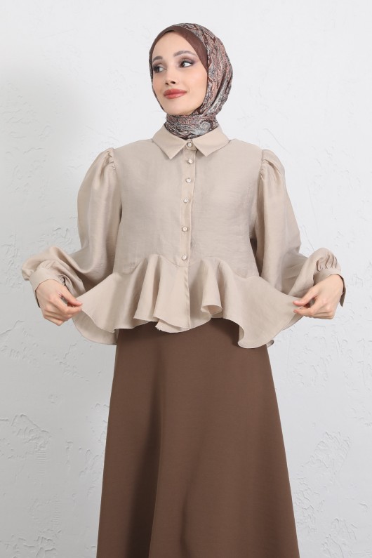 Volan Detaylı Balon Kol Gömlek Y0095 - BEJ