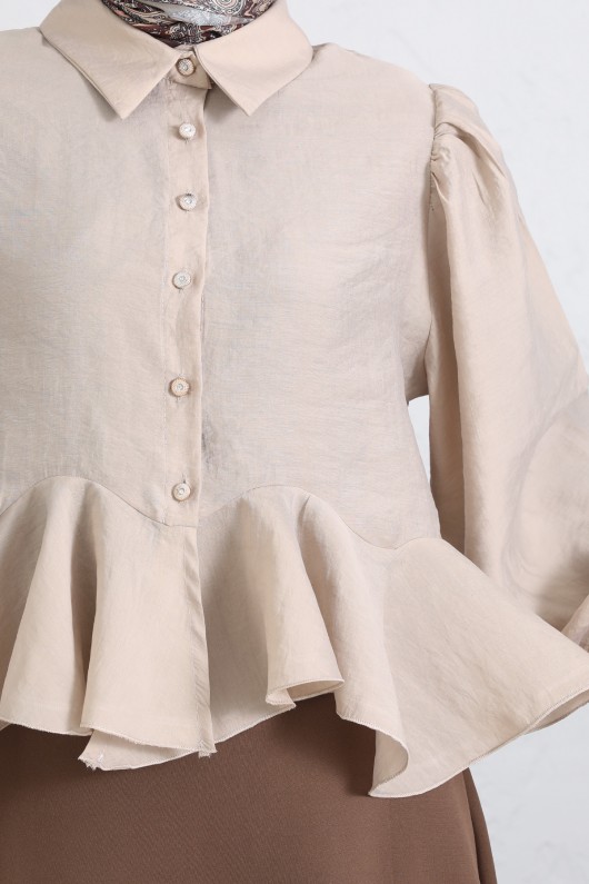 Volan Detaylı Balon Kol Gömlek Y0095 - BEJ