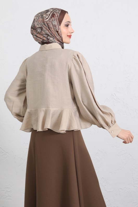 Volan Detaylı Balon Kol Gömlek Y0095 - BEJ