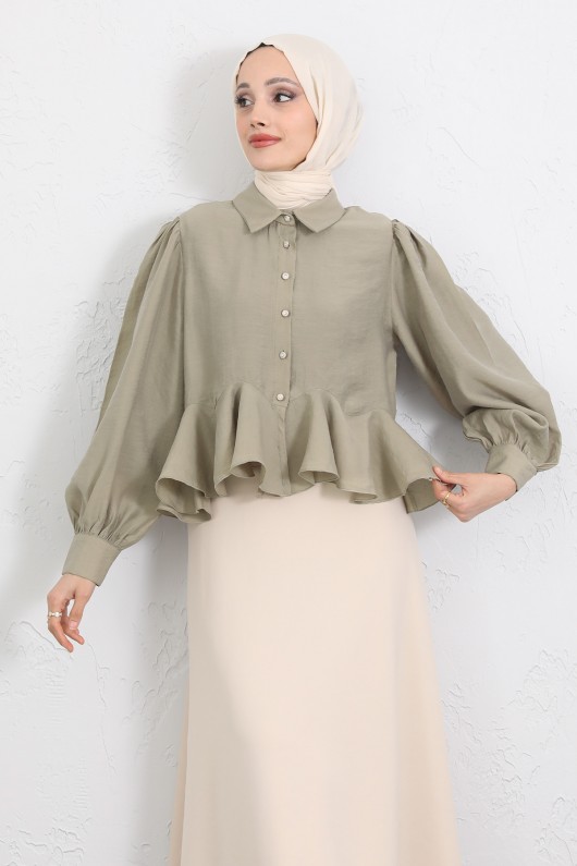 Volan Detaylı Balon Kol Gömlek Y0095 - AÇIK HAKİ