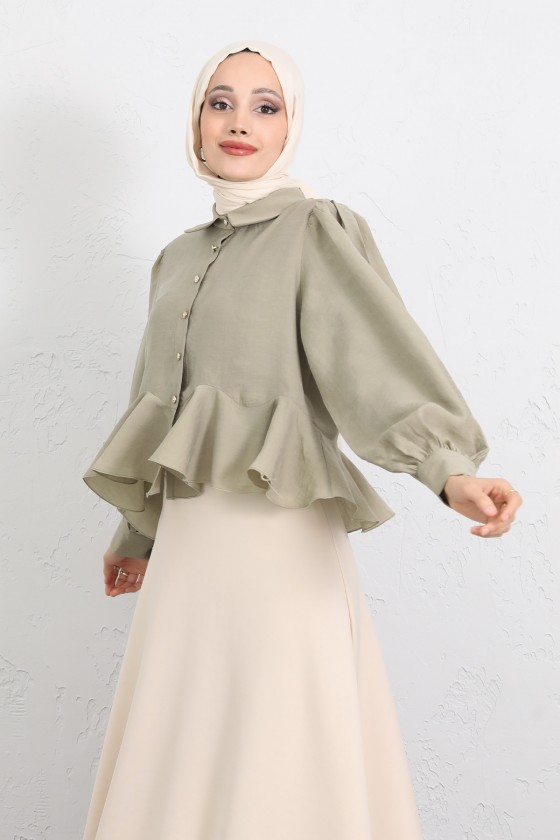 Volan Detaylı Balon Kol Gömlek Y0095 - AÇIK HAKİ