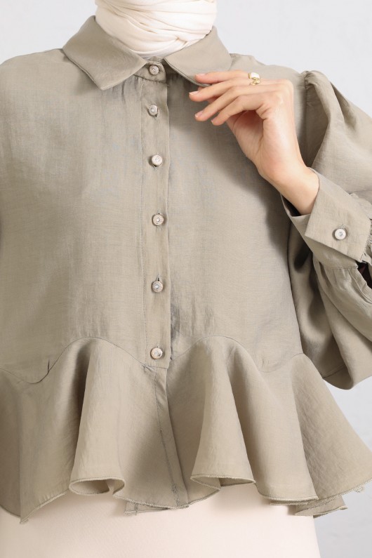 Volan Detaylı Balon Kol Gömlek Y0095 - AÇIK HAKİ