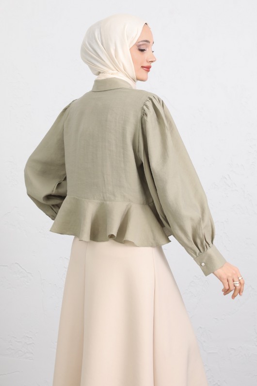 Volan Detaylı Balon Kol Gömlek Y0095 - AÇIK HAKİ