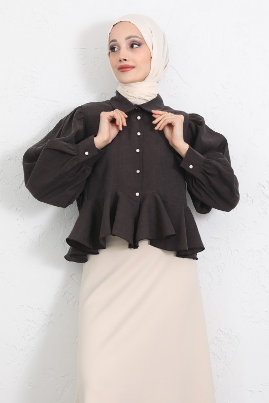 Volan Detaylı Balon Kol Gömlek Y0095 - KAHVERENGİ