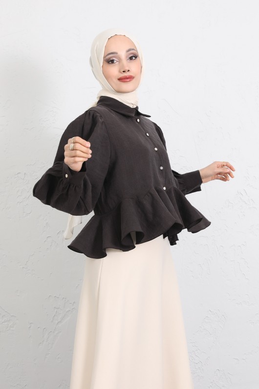 Volan Detaylı Balon Kol Gömlek Y0095 - KAHVERENGİ