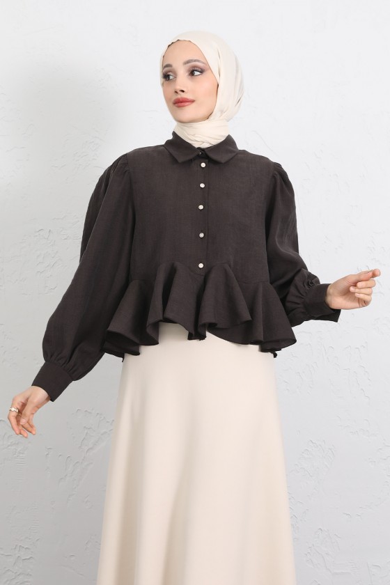 Volan Detaylı Balon Kol Gömlek Y0095 - KAHVERENGİ