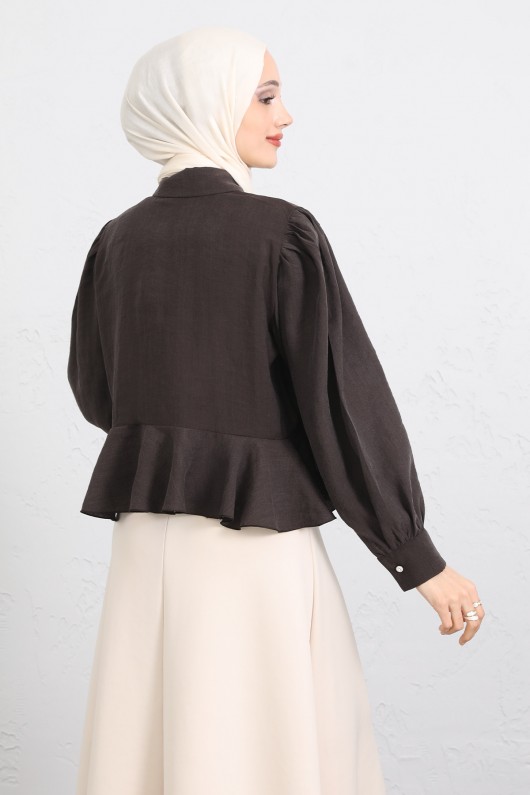 Volan Detaylı Balon Kol Gömlek Y0095 - KAHVERENGİ