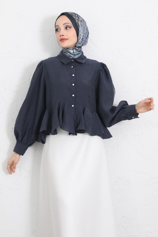 Volan Detaylı Balon Kol Gömlek Y0095 - LACİVERT