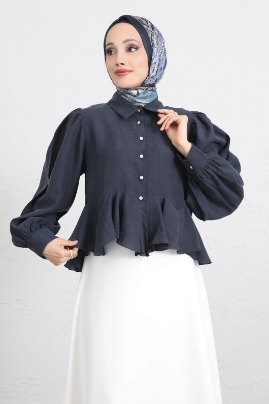 Volan Detaylı Balon Kol Gömlek Y0095 - LACİVERT