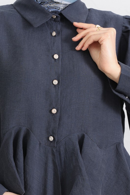 Volan Detaylı Balon Kol Gömlek Y0095 - LACİVERT