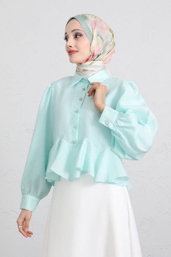 Volan Detaylı Balon Kol Gömlek Y0095 - MİNT YEŞİLİ