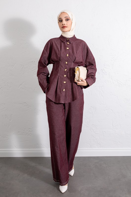 Belden Pileli Denim Takım Y0097 - BORDO Belden Pileli Denim Takım Y0097 - BORDO