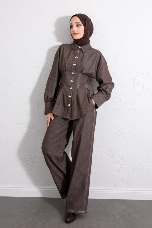 Belden Pileli Denim Takım Y0097 - KAHVERENGİ