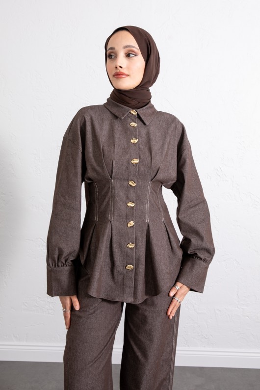 Belden Pileli Denim Takım Y0097 - KAHVERENGİ