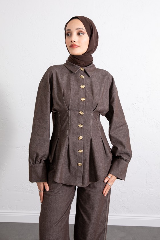 Belden Pileli Denim Takım Y0097 - KAHVERENGİ