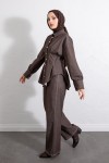 Belden Pileli Denim Takım Y0097 - KAHVERENGİ