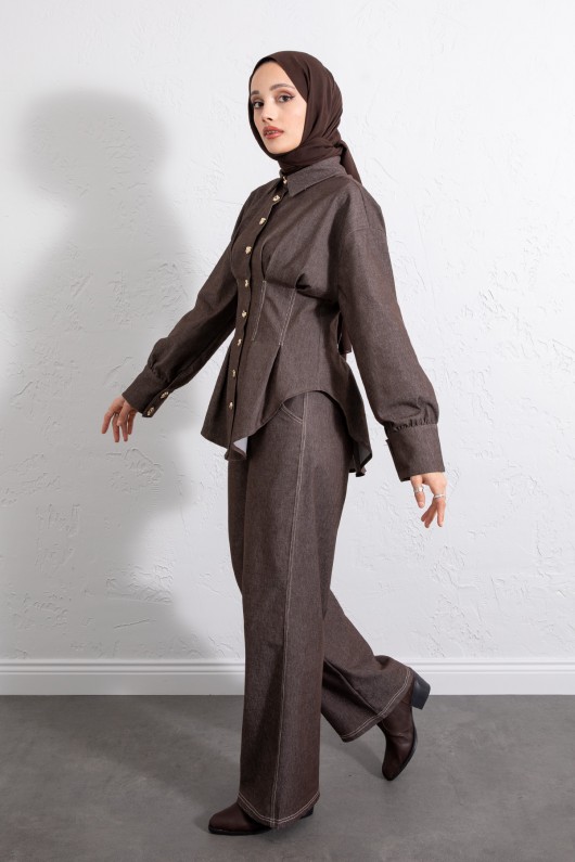 Belden Pileli Denim Takım Y0097 - KAHVERENGİ