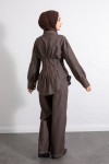 Belden Pileli Denim Takım Y0097 - KAHVERENGİ