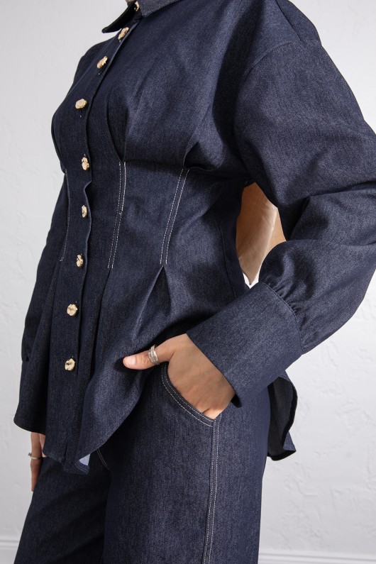 Belden Pileli Denim Takım Y0097 - LACİVERT Belden Pileli Denim Takım Y0097 - LACİVERT